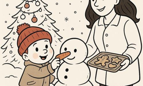 Ein 2-jähriger Junge, Max, mit runden, rosigen Wangen und vor Freude strahlenden Augen, trägt eine rote Wollmütze und Schneestiefel. Er setzt eine Karotte als Nase auf einen kleinen Schneemann. Neben Max steht seine lächelnde Mutter, eine etwa 30-jährige Frau mit langen, braunen Haaren, die ein Tablett mit dekorierten Keksen hält. Sie steht neben Max und beugt sich leicht zu ihm hinüber. Im Hintergrund steht ein großer, mit glitzernden Girlanden und bunten Kugeln geschmückter Weihnachtsbaum, der die Szene in ein warmes Licht taucht. Die Hauptszene zeigt Max, der vor Glück strahlt, während er seinen Schneemann unter einem Himmel voller tanzender Schneeflocken fertigstellt, während seine Mutter ihn liebevoll ermutigt.