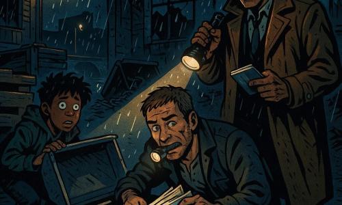 Een scène onder een lichte regen in een oude loods aan het kanaal: inspecteur Bram, gezicht gerijpt, peper-en-zout haar, geconcentreerde blik, draagt een lange bruine regenjas en richt een zaklamp op Serge; Serge, circa 40, kort haar, stoppelbaard, schuldige en bezorgde uitdrukking, knielt bij een open stalen kist terwijl hij plastic dossiers wegsteekt en heeft een hoofdlamp tussen zijn tanden; Milo, een jongen van ongeveer 12, met rommelig haar en een nerveus-verwonderde blik, zit achter stapels pallets links en kijkt toe met een kop warme chocolademelk naast zich; modderige vloer, gebroken ramen, roestige kettingen en houten pallets, dramatische maar kindvriendelijke spanning.