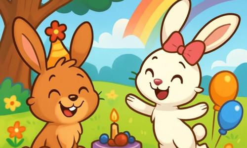Hopsi, ein kleiner Hase mit großen Ohren und weichem, braunem Fell, sitzt auf dem grünen Gras und lächelt fröhlich. Er trägt ein süßes, flauschiges Mützchen mit einer bunten Blume. Neben ihm tanzt Finchen, ein kleines Kaninchen mit weißem Fell und funkelnden Augen, fröhlich, während ihre langen Ohren in der Luft wehen. Sie hat eine hübsche rosa Schleife auf dem Kopf und wirkt voller Energie. Im Hintergrund erstreckt sich eine weite Wiese mit bunten Blumen unter einem hellblauen Himmel mit einigen fluffigen, weißen Wolken. Ein majestätischer Baum bietet Schatten mit seinen weit ausladenden Ästen. Die Szene zeigt Hopsi und Finchen, die einen Geburtstag feiern, umgeben von Beerenkuchen und bunten Ballons, während ein strahlender Regenbogen nach einem leichten Regen erscheint und dem fröhlichen Moment einen magischen Touch verleiht.