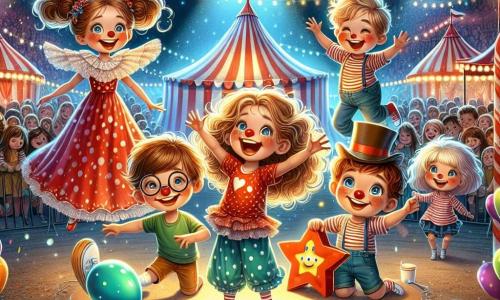 In un circo colorato, cinque bambini sono riuniti al centro del palco. Marco, un ragazzo di 10 anni con i capelli castani e una maglietta rossa, tiene un grande cartello con la scritta 