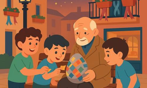 Hay tres personajes: un niño, Diego, ~10 años, pelo castaño corto, rostro redondo, camiseta azul claro y pantalón corto caqui, sostiene una pequeña cesta de mimbre en la mano izquierda y se inclina hacia un banco a la derecha; un niño, Tomás, ~11 años, pelo castaño rizado, camiseta verde menta y sonrisa traviesa, a la izquierda de Diego ofreciendo un trozo de envoltorio dorado para decorar un huevo; un hombre mayor, Mateo, ~75 años, piel clara, pelo y barba canos, abrigo beige demasiado grande, sentado en un banco central con un gran huevo de cartón gris en las rodillas al que coloca suavemente mosaicos de colores. Lugar: un banco en una pequeña plaza vecinal al crepúsculo, pavimento beige, farol de hierro negro y un balcón con jardineras rojas y cintas pastel, algunas hojas y una tienda de dulces al fondo con escaparate reflectante. Situación: los dos niños ayudan a Mateo a decorar un huevo de Pascua gris pegando piezas brillantes y plumas blancas; una pequeña campana dorada con alas translúcidas flota sobre el banco soltando chispas ligeras; ambiente cálido, colores suaves saturados, contrastes nítidos y formas sencillas.