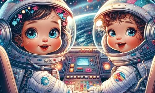 Una joven, Sofía, está de pie dentro de su nave espacial. Lleva un casco brillante y un traje de astronauta blanco con toques de azul. Su rostro irradia emoción y asombro, y sus ojos brillan de curiosidad. A su lado, Lucía, una niña de 6 años con cabello rizado y una amplia sonrisa, observa con fascinación los botones de colores del panel de control. La nave está llena de luces centelleantes y paneles de control, y a través de una gran ventana se puede ver la inmensidad del espacio, salpicada de estrellas brillantes y un planeta rojo a lo lejos. Sofía y Lucía se preparan para despegar hacia Marte, ansiosas por vivir una aventura increíble en el universo.