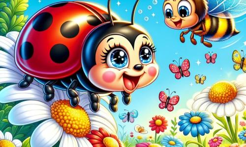 An illustration depicts a small ladybug with a bright red body dotted with black spots, expressing joy and curiosity. It joyfully flies above a field of colorful flowers, its tiny transparent wings shimmering in the sun. Next to it, a young bee with a yellow and black striped body buzzes excitedly around the ladybug, displaying sparkling eyes and a wide smile, ready to accompany it on adventures. A group of butterflies with vibrant wings (blue, yellow, pink, and orange) rests on white daisies, showing friendly and curious expressions as they observe the ladybug and the bee, their delicate wings shining in the sunlight. The main setting is a sunny garden filled with multicolored flowers, tall green grass, and rays of light filtering through the tree leaves. The sky is bright blue with a few fluffy white clouds. The main scene shows the ladybug and the bee approaching the butterflies to play together, illustrating the theme of tolerance and friendship among different insect species. The characters are laughing and having fun, symbolizing acceptance and harmony in their colorful garden.