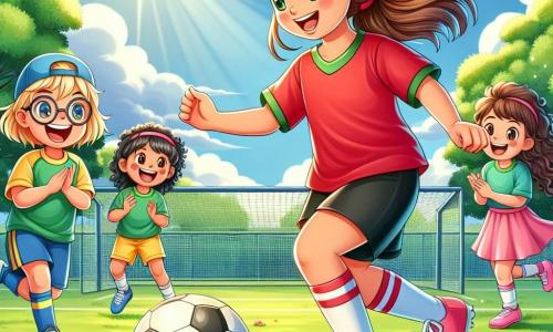 O fetiță tânără, Ana, de aproximativ 10 ani, cu părul brun prins în coadă de cal, poartă un tricou roșu de fotbal și o pereche de pantaloni scurți negri. Ea zâmbește entuziast, driblând o minge de fotbal pe un teren verde, înconjurată de flori colorate. Aproape, un băiat de 9 ani, Lucas, cu părul blond și ochelari, aplaudă uitându-se la Ana, purtând un tricou albastru și pantaloni scurți galbeni. O altă fetiță, Mia, în vârstă de 8 ani, cu părul creț și o șapcă, aleargă pentru a recupera mingea, îmbrăcată într-un tricou verde și pantaloni scurți roz. Locația este un teren de fotbal însorit, înconjurat de copaci măreți și râsete de copii, cu un cer albastru deschis și câteva nori albi. Situația principală o arată pe Ana învățându-i pe ceilalți copii cum să dribleze mingea, în timp ce râd și se distrează împreună, creând o atmosferă de camaraderie și bucurie.