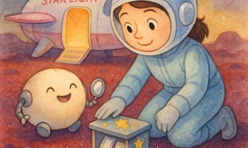 A smiling, curious young female explorer with a round face and large eyes kneels in a pale blue suit, silver boots and a shimmering helmet, gently brushing a small star-decorated box with her palm as she respectfully returns its simple treasure—little mirrors and an illustrated book; beside her hovers Patch, a cream, cushion-sized, round fluffy robot with metal arms, humming and holding a small shiny mirror, while the white-and-pink spaceship Star Light stands behind with its door open and a soft light; the Red Moon ground is dark velvety red dust with purple shiny rocks and tiny violet sparkles, rendered in warm, tender watercolor with soft contours, granular lunar textures and subtle mirror reflections.