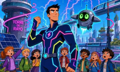 Neón Centella es un hombre alto y atlético de rostro fino y cabello negro corto, con traje azul oscuro de líneas neón cambiantes, expresión decidida y puño en alto sintiendo una vibración eléctrica; junto a él, el dron metálico Chispa-3 con ojos verdes luminosos y aspecto preocupado flota a la altura de su hombro derecho emitiendo un halo azul; al fondo, niños en una terraza-jardín observan sorprendidos desde la Torre del Rayo, una plataforma circular en la azotea con antenas y cables luminosos en espiral, y la ciudad futurista con trenes magnéticos y jardines colgantes; la escena muestra a Neón en el centro de una plataforma iluminada por neones rosa y cian, una nube digital inestable brilla sobre la ciudad y cables de energía chispean hacia el cielo, estilo cartoon dinámico, colores saturados y contornos nítidos.