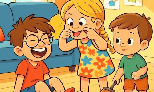 Há 3 personagens: - Pedro: um menino de 7 anos, com cabelos castanhos bagunçados e óculos redondos. Ele está sentado no chão, rindo muito. - Ana: uma menina de 7 anos, com longos cabelos loiros trançados e um sorriso travesso. Ela usa um vestido colorido com flores e está fazendo uma careta engraçada. Ela está ao lado de Pedro, se inclinando para fazê-lo rir. - Lucas: um menino de 5 anos, com cabelos castanhos e bochechas redondas. Ele veste uma camiseta verde e um short. Ele está em pé, segurando uma vassourinha, pronto para ajudar os irmãos a limpar. O local é uma sala de estar iluminada, com um grande sofá azul e almofadas coloridas espalhadas. Raios de sol entram pelas janelas, iluminando o chão de madeira clara, onde estão pedaços de um vaso quebrado. Um canto do quarto é decorado com desenhos infantis pendurados na parede. A cena principal mostra as três crianças rindo juntas depois que Pedro derrubou um vaso enquanto dançava. Ana faz uma careta para fazer Pedro rir, enquanto Lucas, com uma expressão concentrada, está pronto para varrer os cacos do vaso. A atmosfera é alegre e cheia de cumplicidade, ilustrando seu espírito de equipe apesar do pequeno acidente.