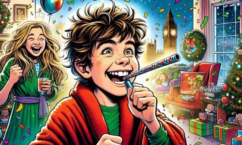 A 12-year-old boy, Oliver, with messy brown hair and sparkling eyes, is wearing a red bathrobe and has a big smile on his face. He is blowing into a noisemaker, surrounded by colorful confetti flying around him. Next to him is his 15-year-old sister Emma, with long blonde hair, laughing while holding a phone, ready to capture the moment. Their mother, a woman in her thirties with brown hair and glasses, stands behind them with her arms crossed and a proud smile, watching the scene with amusement. 

The scene takes place in a cozy living room decorated with twinkling lights and colorful balloons. A large 