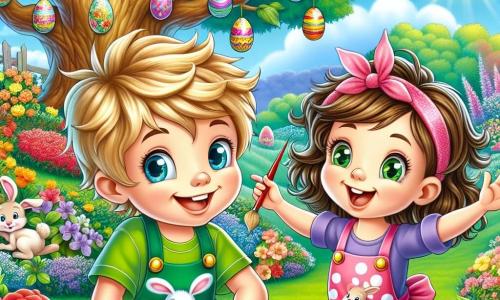 A 5-year-old boy named Oliver, with bright blue eyes and messy blonde hair, sits in a colorful garden, his face beaming with excitement and joy. He wears a green apron decorated with little rabbits and holds a paintbrush in one hand, while the other hand is raised as if he has just discovered something wonderful. Next to him is his best friend Lily, a 5-year-old girl with brown hair in pigtails and a pink polka-dot dress, enthusiastically pointing at a tree where colorful Easter eggs are hanging. She has a wide smile, her eyes sparkling with excitement. The enchanting garden is filled with vibrant flowers: red roses, yellow daisies, and purple pansies. A majestic oak stands in the center, its outstretched branches adorned with shiny Easter eggs, while the sun shines in a clear blue sky, creating a joyful and magical atmosphere. The main scene shows Oliver and Lily engaged in an Easter egg hunt, Oliver excitedly raising his paintbrush, ready to paint an egg, while Lily marvels at the hidden eggs in the tree branches.