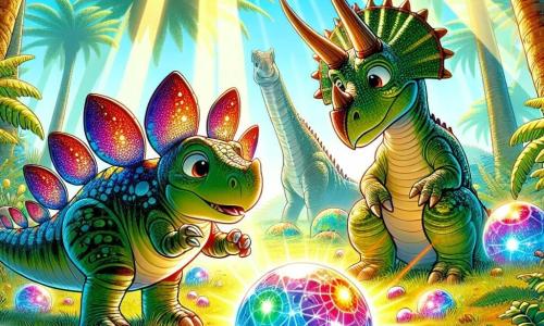 Un giovane stegosauro di nome Pilo, con placche brillanti e colorate sulla schiena, esprime grande curiosità e meraviglia. Si trova in piedi sulle zampe posteriori, mentre scopre una misteriosa sfera luminosa posata sul terreno. Accanto a lui, la sua migliore amica Tira, un triceratopo dalle corna maestose, osserva con occhi spalancati, le sue scaglie verdi scintillanti al sole. La scena si svolge in una lussureggiante foresta dell'Isola del Sole, dove felci giganti e cicadi dalle ampie foglie creano un'atmosfera magica. Raggi di sole filtrano tra gli alberi, illuminando la sfera che emette luci colorate. Pilo e Tira sono in esplorazione, affascinati dalla scoperta di questo oggetto misterioso che sembra contenere un incredibile segreto.
