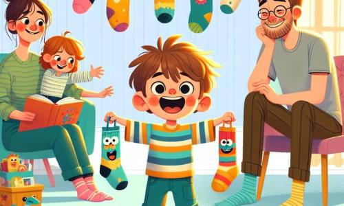 A 4-year-old boy named Timmy, with messy brown hair and a big joyful smile, stands in the center of the image. He wears a colorful striped t-shirt and mismatched socks, holding animated socks with googly eyes. To his right, his mom, a woman in her thirties with brown hair in a bun, laughs at the socks while sitting on a comfy couch surrounded by colorful cushions, holding an open book on her lap. On the left, his dad, a man in his thirties with a light beard and glasses, smiles as he wakes up from a nap in a chair. He wears a simple t-shirt and casual pants, appearing amused by the scene. The setting is a warm living room with pastel yellow walls, toys scattered on the floor, and soft light filtering through the curtains. The main situation shows Timmy putting on a puppet show with his colorful socks, making them talk and dance, while his parents laugh and enjoy the moment, creating a joyful and playful atmosphere.