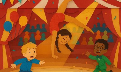 Three characters: Lila, a slim 14-year-old girl acrobat with braided brown hair in a sparkling red costume and gold tights, balancing on one hand center-stage with legs extended; Max, a round-faced smiling 9-year-old boy with tousled blond hair in a blue polka-dot outfit and oversized shoes, stumbling comically leftward; and Leo, a 9-year-old boy with short black hair, round glasses and a green striped suit with a bow tie, running from the right laughing and clapping to catch Max. The scene is inside a large red-and-white striped circus tent with a light wooden circular ring, painted circles, yellow spotlights, crowded colorful bleachers, banners, balloons and a popcorn box. Main action: a surprise act — Lila performs an impressive balance while Max takes an exaggerated fall and Leo rushes to help; dynamic, joyful, slightly comic, with confetti and applause. Visual style: vivid saturated colors, torn-paper texture at edges, simple crisp shapes, soft layered shadows, very readable facial expressions and clear child-friendly lines.