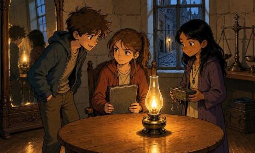 There are three children: Mina, 11, light brown hair in a ponytail, determined look, sitting center on a wooden chair facing a golden oil lamp, holding a worn gray notebook on her lap; Jules, 11, tousled hair and a mischievous smile, stands left of Mina with hands in pockets leaning in as if whispering an idea; Noor, 11, straight black hair and a gentle smile, stands right of Mina holding a small tin box that tinkles, watching the lamp. They are in a warm, round room with pale stone walls, varnished wooden floorboards and a large round table; the golden lamp in the center casts a warm halo that also hits a carved wooden-framed mirror on the left, an old metal scale on a shelf to the right, and a tall square window opening onto a cobbled street that admits a strip of cool light. The three children are making an important decision around the lamp: Mina, the hesitant judge, consults the lamp while Jules and Noor support her; the light creates sharp reflections and shadows, the atmosphere calm and tactile with warm amber, wood and ochre tones contrasted by the window’s pale blue.