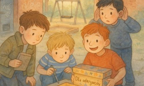 Są czterej chłopcy, wszyscy po 9 lat: Kuba — krótkie brązowe włosy, kurtka khaki, trzyma zużyty notes w prawej dłoni, pochylony nad pudełkiem po lewej; Olek — rozczochrane blond włosy, pasiasty niebiesko-biały t-shirt, kuca przed pudełkiem z małą metalową śrubokrętem; Bartek — czarne włosy, szary sweter, ręce przy uszach jakby słuchał, stoi lekko z tyłu po prawej; Franek — rude włosy, szeroki uśmiech, trzyma duże pudełko po butach ozdobione rysunkami i etykietą Dla odkrywców, obok mruga mała latarka z przyklejoną gwiazdką. Miejsce: podwórko między czerwonymi kamienicami, szare płyty z trawą w szczelinach, piaskownica i huśtawka w tle, ściana z łagodnym graffiti, piwniczne drzwi po lewej, późno popołudniowe światło z długimi cieniami. Sytuacja: chłopcy odkrywają magiczne pudełko na płycie; wewnątrz mapa świeci słabym złotym blaskiem, punkty migoczą jak brokat, latarka mignęła trzy razy; wyrazy twarzy — zachwyt i zmowa, atmosfera przygody i ciekawości.