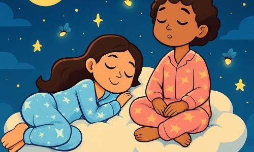 Há 2 personagens principais: - Beatriz: uma menina de 10 anos, com longos cabelos castanhos ondulados, vestindo um pijama azul claro com estrelas brancas. Ela está deitada em uma nuvem macia, com os olhos fechados e um sorriso sereno no rosto. - Ana: uma menina de 10 anos, com cabelos curtos e cacheados, vestindo um pijama rosa com estampas de flores. Ela está sentada ao lado de Beatriz na nuvem, com as mãos sobre os joelhos, os olhos fechados, respirando profundamente com uma expressão tranquila. O cenário principal é um vasto céu noturno, repleto de nuvens fofas e suaves, iluminado por estrelas cintilantes. A nuvem onde as meninas estão é grande e macia, flutuando pacificamente sobre uma cidade adormecida, com luzes douradas brilhando ao longe. A situação principal da história mostra Beatriz e Ana flutuando em sua nuvem, respirando calmamente, cercadas por vagalumes luminosos que dançam ao redor delas, criando uma atmosfera mágica e relaxante.