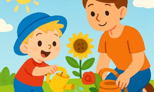A 2-year-old boy with messy blonde hair and a big joyful smile is watering colorful flowers in a sunny garden. He wears a bright blue hat and red shoes, and his eyes shine with excitement. Next to him, his mother, a woman in her 30s with her brown hair in a bun, smiles while holding a watering can. She is kneeling by the flowers, hands full of dirt, and looks at her son with tenderness. The garden is filled with vibrant flowers: red roses, yellow sunflowers, and delicate violets, under a clear blue sky dotted with fluffy white clouds. The scene exudes a joyful, summery atmosphere as the little boy splashes water on the flowers, creating sparkling droplets in the sunlight.