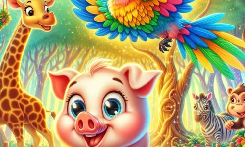 Um pequeno porquinho chamado Pipo, com pelagem rosa e bochechas redondas, sorri de todas as suas dentes, com os olhos brilhando de excitação, enquanto está em pé sobre suas patas traseiras, pronto para correr. Ao seu lado, um alegre papagaio chamado Léo, com penas coloridas e bico brilhante, voa em círculo ao redor de Pipo, rindo e incentivando seu amigo. Ao fundo, uma girafa chamada Gigi, com um longo pescoço manchado e grandes olhos suaves, observa a cena com um sorriso divertido, enquanto um macaco travesso chamado Tico, com pelos marrons e olhos travessos, sobe em um galho de árvore, pronto para pular na corrida. O cenário é uma floresta encantada, cheia de árvores de troncos grossos, flores coloridas e uma suave luz dourada filtrando através das folhas. No fundo, um riacho brilha, adicionando um toque de magia ao ambiente. A situação principal mostra Pipo e seus amigos correndo em direção a uma grande árvore, rindo e se divertindo, enquanto a floresta vibrante de vida os rodeia, prometendo novas aventuras.