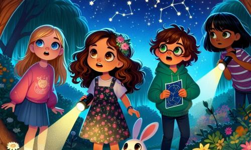 Quattro amiche, due ragazze di 10 anni e due di 11, si trovano in un giardino misterioso sotto un cielo stellato. Giulia, 11 anni, ha lunghi capelli castani e occhi nocciola, indossa un maglione rosa e guarda intorno con espressione di eccitazione e un po' di apprensione. Sara, 10 anni, ha capelli biondi ricci e occhi blu scintillanti, indossa un vestito a fiori e punta la sua torcia verso il cielo, meravigliata dalle stelle. Marta, 10 anni, ha capelli castani e occhiali rotondi, indossa una maglietta verde e sorride tenendo una mappa delle costellazioni. Laura, 11 anni, ha capelli neri e occhi verdi, indossa un felpa blu e si china per osservare un coniglietto che si nasconde nei cespugli. Il giardino è pieno di fiori colorati che brillano alla luce della luna, con alberi maestosi che proiettano ombre danzanti sul terreno. Le lucciole illuminano l'aria, aggiungendo un tocco magico alla scena. Le quattro amiche, armate di torce, esplorano il giardino di notte, superando la paura del buio scoprendo la bellezza delle stelle e i misteri della notte.