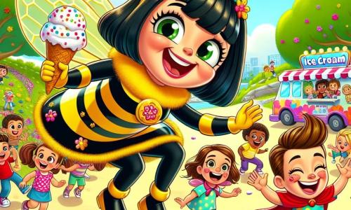 In the center of the image, Buzzy Bee, a joyful superheroine, flies through the air with a big smile. She has shiny black hair adorned with colorful flowers. Her yellow and black striped costume resembles a bee, and her honey-shaped wings sparkle in the sun. She bursts into laughter, her eyes sparkling with happiness. Next to her, Silly Willy, an approximately 8-year-old boy, dances enthusiastically. He wears a red cape that flows behind him and a polka dot t-shirt. His face is covered in ice cream, and he laughs heartily, making funny faces. He is surrounded by children who watch him in wonder. The setting is a sunny park in Gigglewood, filled with colorful flowers and lush trees. A brightly colored ice cream truck is parked in the center, overflowing with delicious flavors. The main scene shows Buzzy Bee and Silly Willy making the children laugh, while a large spray of ice cream bursts from the truck, creating a joyful and laughter-filled atmosphere. The children, with amazed expressions, are ready to join the ice cream party.