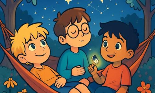 Er zijn 3 personages: - Finn: een 10-jarig meisje met rommelig blond haar en nieuwsgierige ogen. Hij ligt op een zachte hangmat met een serene glimlach op zijn gezicht, kijkend naar de sterren. - Jelle: een 10-jarig meisje met bruin haar en ronde brillen. Hij zit op de rand van de hangmat met gesloten ogen, dromend, met een hand op zijn buik. - Amir: een 10-jarig meisje met zwart haar en een licht gebruinde huid. Hij ligt naast Finn en houdt een vuurvliegje in zijn hand, verwonderd door het licht. De locatie is een vredige tuin, verlicht door het zachte maanlicht. Bomen met zilverachtige bladeren omringen de scène en kleurrijke bloemen bloeien rond de hangmat. De lucht is gevuld met fonkelende sterren die dansende patronen vormen, en een lichte bries laat de bladeren rimpelen, wat een magische en rustgevende sfeer creëert. De belangrijkste situatie toont de drie jongens die in een dromerige toestand zweven, wiegend op de zachte melodie van de nacht. Het vuurvliegje schittert zachtjes en verlicht hun serene gezichten terwijl ze hun gedachten laten vliegen, omringd door de schoonheid van de sterrenhemel.