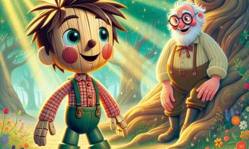 Pinocchio, ein kleiner Holzjunge mit zerzausten braunen Haaren und einem schelmischen Lächeln, steht am Fuß einer majestätischen alten Eiche, seine Augen leuchten vor Aufregung und Staunen. Er trägt ein rotes Karoshirt und eine blaue Hose und hält einen kleinen goldenen Schlüssel in der Hand, bereit, ihn zu benutzen, um anderen zu helfen. Neben ihm beobachtet Geppetto, ein etwa 60-jähriger Mann mit weißem Bart und runden Brillen, stolz seinen Adoptivsohn. Er trägt eine beigen Arbeitsjacke und einen Filzhut, lächelt warmherzig mit den Händen in den Hüften und schaut bewundernd zu Pinocchio. Die Szene spielt in einer verwunschenen Lichtung, umgeben von leuchtend grünen Bäumen und bunten Blumen, die im Wind tanzen. Sonnenstrahlen filtern durch die Äste und schaffen helle Muster auf dem Erdboden. Pinocchio ist voller Enthusiasmus, bereit, den magischen Schlüssel zu benutzen, um die Herzen der Dorfbewohner zu öffnen und Freude und Freundlichkeit in ihr Leben zu bringen. Vögel singen um sie herum und verleihen diesem kostbaren Moment einen Hauch von Magie.