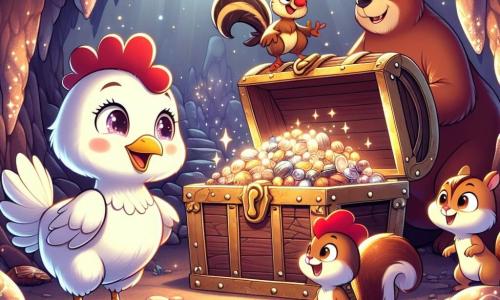 Una gallina llamada Clara, con plumas blancas brillantes y ojos llenos de curiosidad, se encuentra en el centro de la imagen, mirando con asombro un gran cofre antiguo lleno de libros relucientes. A su derecha, un gallo llamado Tico, con plumas rojas y doradas, muestra una expresión orgullosa y alegre, listo para abrir el cofre. A su izquierda, una pequeña ardilla llamada Lila, con pelaje marrón y ojos traviesos, salta de emoción, con sus patas delanteras levantadas. La escena transcurre en una cueva misteriosa, donde piedras brillantes iluminan las paredes oscuras, creando una atmósfera mágica. Al fondo de la cueva, un gran oso de pelaje marrón y ojos dulces observa a los animales con una sonrisa benevolente, listo para compartir los tesoros de la aventura. Clara, Tico y Lila descubren juntos el verdadero tesoro: libros llenos de historias maravillosas, simbolizando la amistad y la magia de la imaginación.