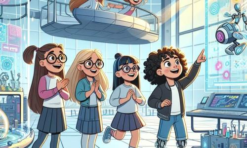 Cuatro chicas de 10 años están juntas en un laboratorio futurista. Elena, con cabello castaño y gafas redondas, mira asombrada un vehículo flotante. A su derecha, Marta, con cabello rubio y rizado, sonríe señalando una pantalla holográfica. A la izquierda, Ana, con cabello negro y mucha energía, salta de emoción, mientras que Lucía, con una prótesis biónica en la pierna, observa con determinación. El laboratorio es moderno, con paredes de vidrio transparente, máquinas brillantes y paneles solares. Hologramas coloridos flotan en el aire, mostrando información sobre invenciones. La luz del sol ilumina el lugar con un brillo cálido. Las chicas acaban de realizar un vuelo de prueba en un vehículo ecológico y expresan su alegría y entusiasmo por la experiencia. La atmósfera está llena de descubrimientos y promesas de futuras aventuras.