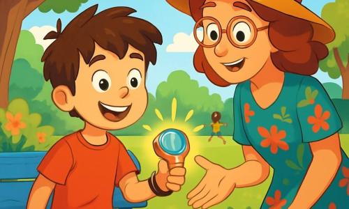 Um menino de 8 anos, Enzo, com cabelos castanhos bagunçados e olhos brilhantes de curiosidade, está diante de um misterioso banco azul em um parque verdejante. Seu rosto expressa excitação e admiração, com um largo sorriso que ilumina seu rosto. Ele veste uma camiseta vermelha e um short de jeans, segurando um estranho e brilhante bracelete em forma de relógio na mão. Ao seu lado, a professora Tica, uma mulher de cerca de 30 anos, com um chapéu colorido adornado com penas e óculos redondos, sorri calorosamente. Ela usa um vestido com estampas florais e se inclina levemente em direção a Enzo, como se estivesse lhe revelando um segredo. O parque está repleto de árvores majestosas com folhas verdes brilhantes, flores coloridas e um céu azul claro salpicado de nuvens brancas fofas. Crianças brincam ao longe, adicionando uma atmosfera alegre à cena. Enzo, intrigado e entusiasmado, observa o bracelete mágico que acabou de receber, pronto para descobrir os mistérios da viagem no tempo, enquanto Tica lhe explica as regras de sua aventura.