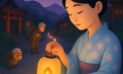 Adult woman (Hana), gentle focused face, calm eyes, black hair braided into a bun, wearing a pale blue cherry-patterned kimono, lighting a beige paper lantern with a small orange flame; an elderly male traveler (about 70), stooped with gray hair and a canvas travel coat, stands at the village entrance left of scene, looking gratefully toward the lanterns; a playful tanuki, small and round with brown-spotted fur and mischievous bright eyes, hides among reeds at right, hesitating; a silver fox spirit, thin and translucent, perches on the ridge in the background, its luminous tail blending into the moon, watching the path; location: gray stone-paved alley lined with wooden houses with curved roofs, an old wooden shrine with a red torii at left, reeds and a glittering river at right, dark mountains and a violet twilight sky; main action: Hana adjusts and relights a lantern painted with a straight-path symbol, its warm flame casting a trail of small golden lights guiding travelers.