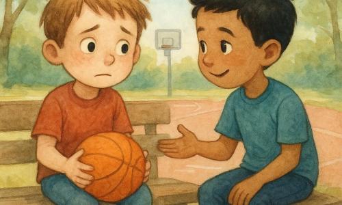 Een 6-jarige jongen met een rond gezicht, licht ongerust maar opgelucht, warrig kastanjelicht haar en grote expressieve ogen zit op een houten bankje met zijn handen op een gescheurde oranje basketbal; naast hem zit Sam, ook 6, met kort zwart haar en een warme glimlach, die vriendelijk naar hem leunt en een hand uitsteekt om hem gerust te stellen; het is een buitenbasketveld met rood asfalt met krijtsporen, een metalen basket op de achtergrond en groene bomen die gespikkelde schaduwen werpen, onder een lichtblauwe lucht met wat wolken, de scène toont een rustig moment na een klein onwelzijn, zachte zonlichtverwarming, pastelkleurige aquareltexturen en zachte contouren met lichtaccenten op de bal en gezichten.