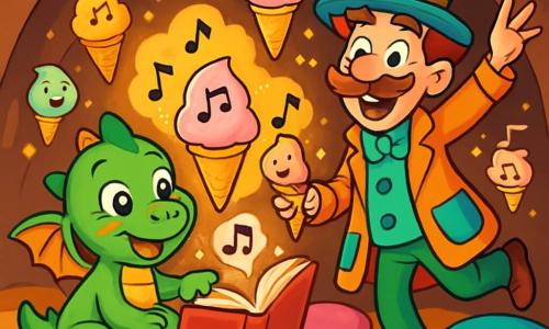 Mirtillo, un piccolo drago verde con ali delicate e guance rosa, è seduto su un cuscino morbido nella sua grotta. Ha un grande sorriso meravigliato e gli occhi brillanti di curiosità mentre tocca un libro che si trasforma in un gelato cantante. Accanto a lui, il Professore Pasticcio, un uomo alto con un cappello a righe colorate e un cappotto pieno di tasche, salta gioiosamente con un cono di gelato in mano, un sorriso malizioso e occhi scintillanti. La grotta è piena di cuscini colorati, libri sparsi e nuvole di glitter scintillanti, creando un'atmosfera magica e gioiosa. La scena mostra Mirtillo e il Professore circondati da gelati cantanti che danzano e cantano, riempiendo l'aria di musica gioiosa e colori vivaci, illustrando un momento di pura felicità e dolce follia.