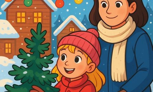 Una bambina di 6 anni, Leda, con capelli dorati come raggi di sole e occhi brillanti di curiosità, si trova davanti a un piccolo albero di Natale. Ha un sorriso meravigliato e le guance arrossate dal freddo. Indossa un cappotto rosso vivo e un berretto di lana, mentre le sue mani delicate accarezzano i rami dell'albero. Accanto a lei, sua madre, una donna di una trentina d'anni con capelli castani e occhi dolci, osserva Leda con tenerezza, vestita con una sciarpa di lana e un cappotto blu, pronta a sostenere la figlia. Il luogo è un affascinante villaggio innevato, con case di legno dai tetti coperti di neve scintillante. Lampioncini colorati illuminano la scena e fiocchi di neve cadono dolcemente, creando un'atmosfera magica. La situazione principale mostra Leda mentre sceglie l'albero perfetto per Natale, circondata da neve e luce, con il cuore colmo di gioia ed eccitazione, pronta a fare di questo albero il simbolo dello spirito natalizio.