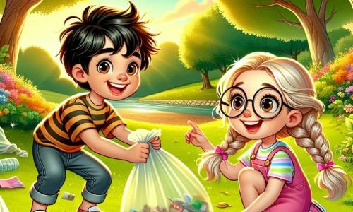 Um menino de 4 anos, chamado João, com cabelos castanhos bagunçados e um grande sorriso alegre, está agachado na grama verde do parque, recolhendo lixo com um saco plástico colorido. Ao lado dele, sua melhor amiga Maria, uma menina de 4 anos com cabelos loiros trançados e um vestido rosa, segura outro saco e aponta para uma garrafa de plástico, com uma expressão determinada. Um pouco mais longe, Pedro, um menino de 4 anos com cabelos pretos e óculos redondos, se inclina para pegar um pedaço de papel, mostrando uma expressão concentrada. O parque está cheio de árvores majestosas com folhas verdes vibrantes, flores multicoloridas que dançam ao vento e um pequeno lago brilhante sob o sol. A cena é iluminada por uma luz dourada, criando uma atmosfera alegre e acolhedora. Os três crianças estão limpando o parque, rindo e se incentivando, cercados de lixo que estão prestes a recolher, transformando o ambiente em um lugar limpo e agradável.