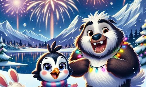 Klara de Kluut, een klein vogel met witte en zwarte veren, staat vrolijk in het midden van een feestelijke scène, haar gezicht straalt van blijdschap terwijl ze naar het schitterende vuurwerk in de nachtelijke lucht kijkt. Ze draagt een kleurrijke sjaal om haar nek en haar grote ogen glanzen van opwinding. Naast haar staat Ben de Bever, een robuust dier met een bruine vacht en uitstekende tanden, die breed glimlacht terwijl hij een slinger van fonkelende lichtjes vasthoudt, klaar om een nabijgelegen boom te versieren. Verderop blaft Stijn de Sneeuwhond, een grote witte hond met een donzige vacht, vrolijk terwijl hij speelt met kleine konijnen die om hem heen springen, wat een vrolijke toets aan de scène toevoegt. De locatie is een prachtig alpien landschap, met een bevroren meer dat onder de sterren schittert, omringd door majestueuze bergen bedekt met sneeuw. Sneeuwvlokken vallen zachtjes, wat een magische sfeer aan de nacht toevoegt. De hoofdscène toont Klara en haar vrienden die het nieuwe jaar vieren, omringd door kleurrijke versieringen, terwijl ze zich voorbereiden om het vuurwerk te bewonderen dat de lucht verlicht, wat een sfeer van vreugde en vriendschap creëert.