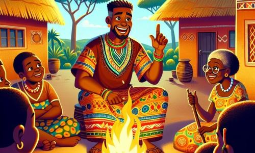 Kofi is een man van rond de dertig, met een warme bruine huid en krullend haar. Hij draagt een kleurrijke traditionele kleding, versierd met Afrikaanse patronen, en heeft een brede glimlach die vreugde en verwondering uitstraalt. Kofi zit rond een kampvuur en luistert aandachtig naar de verhalen van de dorpsbewoners. Naast hem vertelt een oude vrouw van ongeveer 70 jaar, met diepe rimpels en sprankelende ogen, een verhaal. Ze draagt een jurk van levendige stof en houdt een houten stok vast, terwijl ze enthousiast gebaart. De locatie is een pittoresk Afrikaans dorp met lemen huizen met rieten daken, omringd door weelderig groen en grote bomen. De lucht is helderblauw en de zon begint onder te gaan, waardoor er gouden licht op de scène valt. Kofi is gebiologeerd door de verhalen van de oude vrouw, terwijl andere dorpsbewoners, die rond het vuur zitten, aandachtig luisteren en glimlachen, wat een warme en gezellige sfeer creëert.