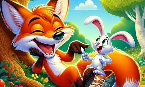 Un astuto zorro llamado Rufus, con un pelaje naranja brillante y ojos traviesos, está acostado bajo un gran roble riendo a carcajadas. Tiene una sonrisa pícara y sus orejas están erguidas, mostrando su emoción. A su lado, un pequeño conejo llamado Rolo, con pelaje blanco y grandes orejas caídas, está sentado, con los ojos muy abiertos de sorpresa, sosteniendo un zapato mágico brillante en sus patas delanteras. El lugar es un claro soleado del bosque, lleno de flores coloridas y árboles majestuosos, con un suave arroyo que fluye cerca, creando un ambiente pacífico y alegre. La situación principal muestra a Rufus y Rolo riendo juntos después de una aventura hilarante, Rolo tratando de poner el zapato mágico en su cabeza como un sombrero, mientras Rufus, divertido, se revuelca en el suelo, rodeado de hojas y pétalos.
