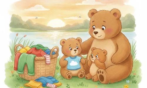Bruno, un piccolo orsacchiotto marrone chiaro dagli occhi tondi e dolci sorride timidamente tenendo una maglietta celeste con una grande nuvola bianca; il fratellino più piccolo color caramello, imbronciato e con gli occhi lucidi, la indica supplicando; la mamma orsa, più grande e rassicurante, è seduta accanto e posa una zampa sulle loro spalle. Sono davanti a un grande cesto di panni colorati su una radura accanto a un lago, erba verde con fiori gialli e libellule al tramonto. Momento di condivisione: Bruno propone di alternarsi per la maglietta, il fratellino accetta asciugandosi una lacrima e la mamma sorride. Stile: gouache, tratti morbidi e arrotondati, colori caldi, texture di pennello, composizione semplice e leggibile per bimbi di 4 anni.