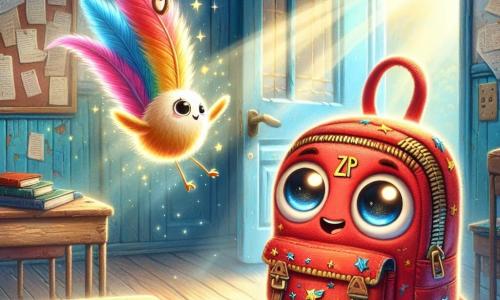 Un piccolo zainetto rosso vivo, chiamato Zip, pende gioiosamente da un gancio, con occhi scintillanti di curiosità e un sorriso malizioso. Le sue bretelle sono decorate con piccole stelle dorate che brillano alla luce. Accanto a lui, una piuma magica di nome Pennina, con piume multicolori e un viso sorridente, fluttua nell'aria, pronta a scrivere storie incredibili. Ha un'aria entusiasta, i suoi occhi brillano di eccitazione. Un quaderno saggio, con una copertina in pelle usurata e pagine ingiallite, è posato su un tavolo vicino, mostrando un'espressione concentrata mentre sfoglia le sue pagine alla ricerca di indizi. Il luogo è un'aula abbandonata, con muri dipinti di blu pastello, banchi di legno usurati e libri sparsi sul pavimento. Raggi di luce filtrano attraverso le finestre polverose, creando un'atmosfera misteriosa e magica. La situazione principale mostra Zip e i suoi amici che si preparano a esplorare una porta socchiusa che emana un'illuminazione blu intrigante, mentre si scambiano sguardi pieni di eccitazione e determinazione, pronti a scoprire i segreti nascosti dietro questa porta.