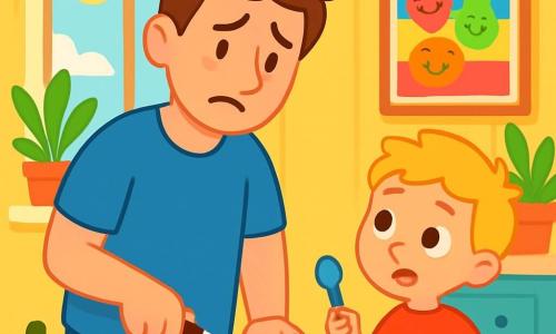 Ein Mann, Papa Tom, steht in einer hellen und warmen Küche mit gelben Wänden und Fenstern, die Sonnenlicht hereinlassen. Er hat braune Haare und trägt ein blaues T-Shirt, mit einem sanften, aber etwas traurigen Lächeln, das seine Frustration zeigt. Er schneidet Bananen auf einem Holzbrett, die Fruchtstücke sind schön und ordentlich angeordnet. Neben ihm sitzt sein Sohn Leo, ein 5-jähriger Junge mit blonden Haaren und funkelnden Augen, trägt ein rotes T-Shirt und schaut besorgt zu seinem Vater, während er einen Plastiklöffel hält. Die Küche ist mit grünen Pflanzen auf der Fensterbank und einem bunten Bild an der Wand dekoriert, das lächelnde Früchte zeigt. In dieser Szene fühlt sich Papa Tom etwas frustriert, weil er arbeiten muss und nicht mit Leo spielen kann, der versucht, ihn zu trösten, indem er von der Banane spricht, die er so liebt.