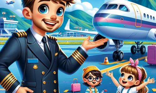 Un piloto de avión, un hombre de unos treinta años con cabello castaño y barba bien cuidada, sonríe con entusiasmo mientras se encuentra al lado de su avión, vestido con su uniforme azul marino y su gorra. Muestra con orgullo la cabina a los niños que lo rodean, con los ojos brillantes de alegría y emoción. Sofía, una niña de 8 años con cabello largo y rizado, levanta los brazos al aire, maravillada, mientras está en el escalón del avión, lista para abordar. Leo, un niño de 7 años con gafas y una camiseta a rayas, observa con admiración, sosteniendo un pequeño modelo de avión de plástico en sus manos. El lugar es un aeropuerto animado, con aviones coloridos estacionados en la pista, nubes blancas flotando en un cielo azul brillante y montañas verdes al fondo. La situación principal muestra al piloto compartiendo su amor por la aviación con los niños, explicándoles las maravillas del vuelo y animándolos a soñar en grande, rodeados por la emoción y energía de un día soleado en el aeropuerto.