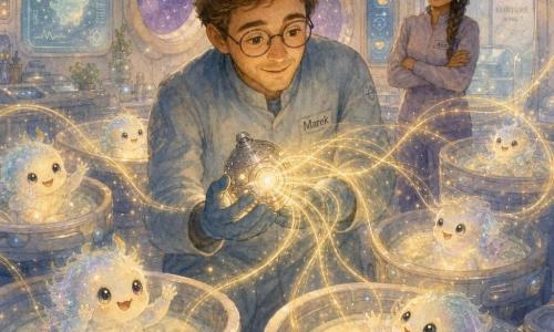 A gentle-faced man named Marek with short brown hair and round glasses smiles in wonder as he delicately holds a small shining silver beacon in gloved hands, golden filaments float from it like ribbons to warmly illuminate and comfort several small translucent, fluffy alien babies called 