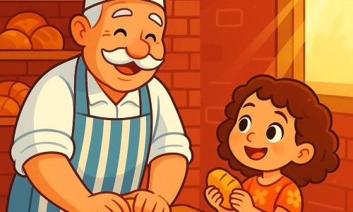 Um padeiro alegre, um homem de cerca de cinquenta anos com um grande bigode branco e um avental listrado, sorri enquanto amassa uma massa dourada. Seus olhos brilham de felicidade e sua pele está levemente dourada pelo sol da manhã. Ao lado dele, uma menina de 6 anos, com cabelos cacheados e um vestido florido, observa com admiração, segurando um pão quente nas mãos. O local é uma padaria acolhedora, com paredes de tijolos vermelhos, prateleiras de madeira cheias de pães crocantes e croissants dourados que brilham sob a luz da manhã. Raios de sol filtram pela janela, iluminando a farinha no ar. A cena principal mostra o padeiro e a menina compartilhando um momento de cumplicidade, enquanto ele a ensina a moldar pãezinhos em forma de animais, cheios de alegria e risos.