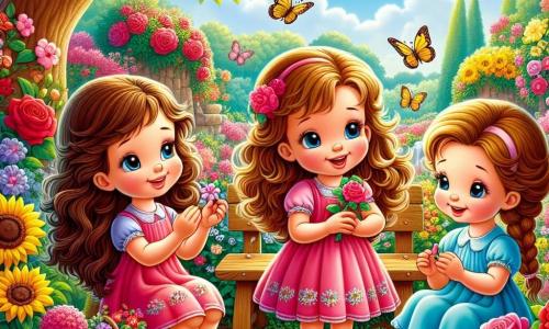 Em um jardim colorido, três meninas de 6 anos estão juntas. Ana, com longos cabelos castanhos e um vestido rosa, sorri suavemente segurando uma flor. À sua esquerda, Bia, com cabelos loiros e cacheados, veste um vestido amarelo e olha para o céu com olhos curiosos. À direita, Clara, com cabelos castanhos e uma trança, usa um vestido azul e desenha no chão com giz colorido. O jardim está cheio de flores vibrantes: rosas vermelhas, girassóis amarelos e violetas delicadas. No centro, um pequeno banco de madeira é cercado por borboletas. Uma grande árvore com galhos largos oferece sombra e cria uma atmosfera tranquila. As três meninas se reúnem em um cantinho especial que criaram para homenagear sua avó, Vovó Rosa. Elas riem e compartilham memórias enquanto decoram o banco com desenhos e flores, celebrando a vida e o amor que sentem por ela, mesmo que não esteja mais presente.