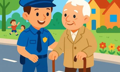 Um policial, um homem de sorriso caloroso, usa um uniforme azul vibrante com um chapéu. Ele tem cabelos castanhos e olhos brilhantes de bondade. Ele ajuda um senhor idoso, o senhor Manuel, que tem cerca de 70 anos, com uma bengala de madeira. O senhor Manuel tem cabelos brancos e veste um casaco bege, avançando lentamente ao lado do policial, sorrindo com gratidão. A cena acontece em uma rua ensolarada, cercada por árvores verdes e casas coloridas, com flores multicoloridas ao longo da calçada. O policial e o senhor Manuel atravessam uma rua tranquila, onde crianças brincam ao longe. A situação principal mostra o policial oferecendo seu braço ao senhor Manuel para ajudá-lo a atravessar a rua, ilustrando bondade e solidariedade.
