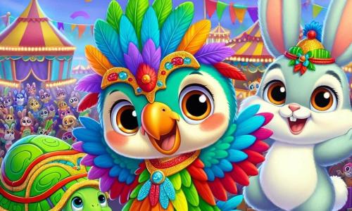 A colorful parrot named Pippin, with bright blue, green, and red feathers, joyfully dances on a carnival stage, his eyes shining with happiness and excitement. Next to him, Tilly the turtle, with a green shell adorned with colorful patterns, smiles and claps, while Benny the rabbit, with large white ears and soft fur, jumps for joy, his eyes sparkling with delight. The setting is a vibrant fair filled with twinkling lights, colorful stalls, and floating balloons, with confetti falling from the sky. In the background, animals in funny costumes dance and have fun, creating a festive and joyful atmosphere. The main scene shows Pippin proudly displaying his flamboyant costume, surrounded by his friends, all ready to celebrate the carnival together.