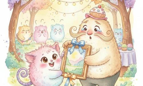 Pippin, a small fluffy Jibberwock (round, pastel pink and blue fur, large hazel eyes, spiral flexible tail) beams proudly while holding a sparkling vintage photo frame trimmed with blue and gold ribbons, presenting it forward with a wide bright smile; Buzzle, the father Jibberwock (larger, cream fur, curly mustache, silly cupcake-pattern hat), stands beside him, moved and surprised, hands reaching toward the frame, eyes wet with joy; in the blurred background a few Jibberwock friends (small round figures, varied colors) applaud and hold garlands and cupcakes; the scene is a Fluffwood clearing with rainbow-textured leaves, short grass dotted with small watercolor flowers, hanging garlands and a low table with colorful cupcakes, bathed in warm golden sunset light — Father's Day gift moment, centered composition, warm tender atmosphere, soft watercolor style with controlled splatters at the edges to emphasize magic and joy.