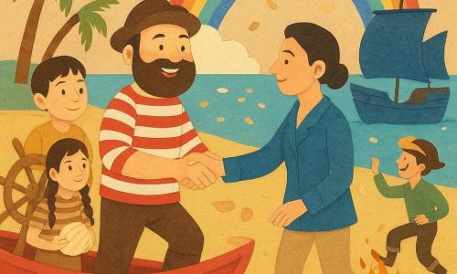 El personaje principal es el capitán Leandro, hombre de rostro redondo con barba espesa y sonrisa pícara, traje con camisa a rayas rojas y blancas, sosteniendo un viejo pergamino-mapa y dando un paso desde la proa hacia la playa; la capitana Julia, ~30 años, inicialmente seria que sonríe, pelo recogido, brazos abriéndose en media abrazo en la arena junto a un barco azul, mirando a Leandro; Leo, ~8 años, curioso, con una gran caracola brillante contra el pecho; Valeria, ~12 años, concentrada con pequeñas trenzas, sujetando el timón de un barco cercano; Paco, ~14 años, travieso con un sombrero sobre la cabeza de una gaviota, saltando sobre un barril junto a la hoguera. Escena en la playa dorada de Isla de las Caracolas con palmeras, grandes conchas nacaradas clavadas en la arena, dos barcos de madera coloridos (Estrella roja y Ballena azul) amarrados, hoguera y doble arcoíris al atardecer; encuentro amistoso de los tripulantes que se saludan, ríen, abrazan y celebran con música y confeti de pequeñas conchas en un ambiente cálido y festivo.