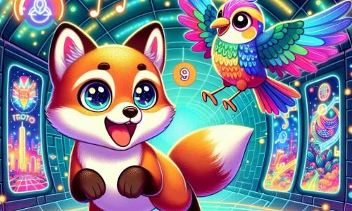 Un pequeño zorro de pelaje brillante y suave, con grandes ojos curiosos, se encuentra en el centro de la escena, mostrando una expresión de asombro y emoción. Salta alegremente, rodeado de luces de colores que centellean a su alrededor. A su lado, un pájaro de plumas vivas y brillantes, con una mirada amistosa y juguetona, vuela en círculo, cantando alegremente. Juntos, exploran un túnel subterráneo lleno de luces intermitentes y paneles holográficos, donde imágenes de la ciudad futurista de Neonópolis bailan en las paredes. El túnel está decorado con patrones luminosos y colores vibrantes, creando una atmósfera mágica y misteriosa. La escena principal muestra al zorro y al pájaro descubriendo un pasaje secreto, listos para vivir una nueva aventura en su fascinante ciudad.