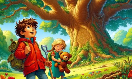 A 12-year-old boy named Sam, with messy brown hair and sparkling eyes full of excitement, stands in front of a large gnarled oak tree in a lush park. He wears a bright red rain jacket and a worn backpack, digging into the ground with a plastic shovel, his face lit up by discovery. Beside him is his 7-year-old sister Emily, with braided blonde hair and a joyful smile, holding her teddy bear tightly and watching her brother with admiration. The sunny park features colorful flowers and shiny green leaves, while the majestic old oak casts a comforting shadow on the ground. The main scene depicts Sam and Emily on a treasure hunt, discovering a mysterious symbol carved into the tree's bark, surrounded by an atmosphere of adventure and mystery.