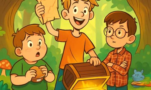 There are 3 characters: Sam, a tall and lanky 10-year-old boy with sandy, tousled hair and a bright smile, is in the center, enthusiastically holding an old parchment in the air. Oliver, a shorter and slightly chubby 9-year-old with freckles on his nose and brown hair, stands to the left of Sam, eyes wide with surprise, holding a half-eaten sandwich. Tim, a slim 10-year-old with glasses slipping down his nose, wearing a plaid shirt, is to the right of Sam, arms crossed and looking thoughtfully at the parchment. The scene takes place in the enchanted forest of Whispering Wood, where tall, gnarled trees reach towards the sky, their leaves shimmering in shades of green and gold. Sun rays filter through the canopy, creating bright patterns on the moss-covered ground. Colorful flowers and oddly shaped mushrooms dot the ground, while a multicolored Fluffernoodle lounges nearby, indifferent to the boys. The main situation shows the three friends discovering an ancient chest hidden under bushes, with a golden glow emanating from inside. Sam, looking determined, is about to open it, while Oliver and Tim exchange excited and apprehensive glances.